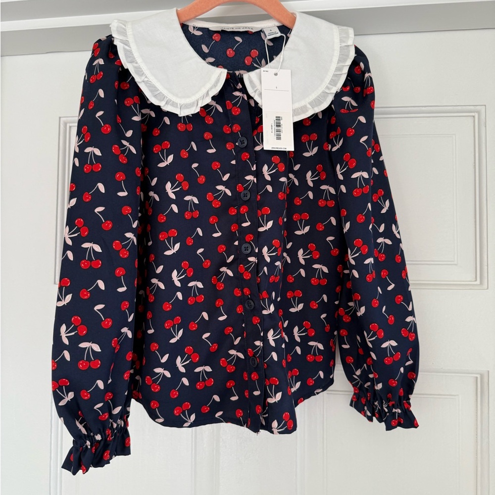 Janie and Jack Navy Cherry Print Blouse with White Peter Pan Collar Size 5 NWT